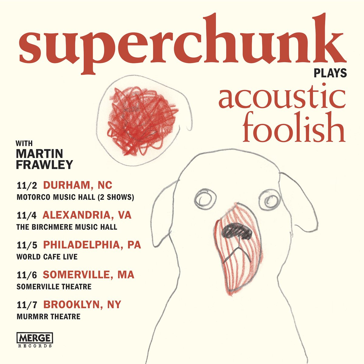 superchunk's tweet photo. ICYMI - @mergerecords recording artist @martinfrawley11 is opening our #acousticfoolish shows in November... get your tix now! https://t.co/1Wr2OvJjlX
#foolishis25 https://t.co/qxGK53aRqB
