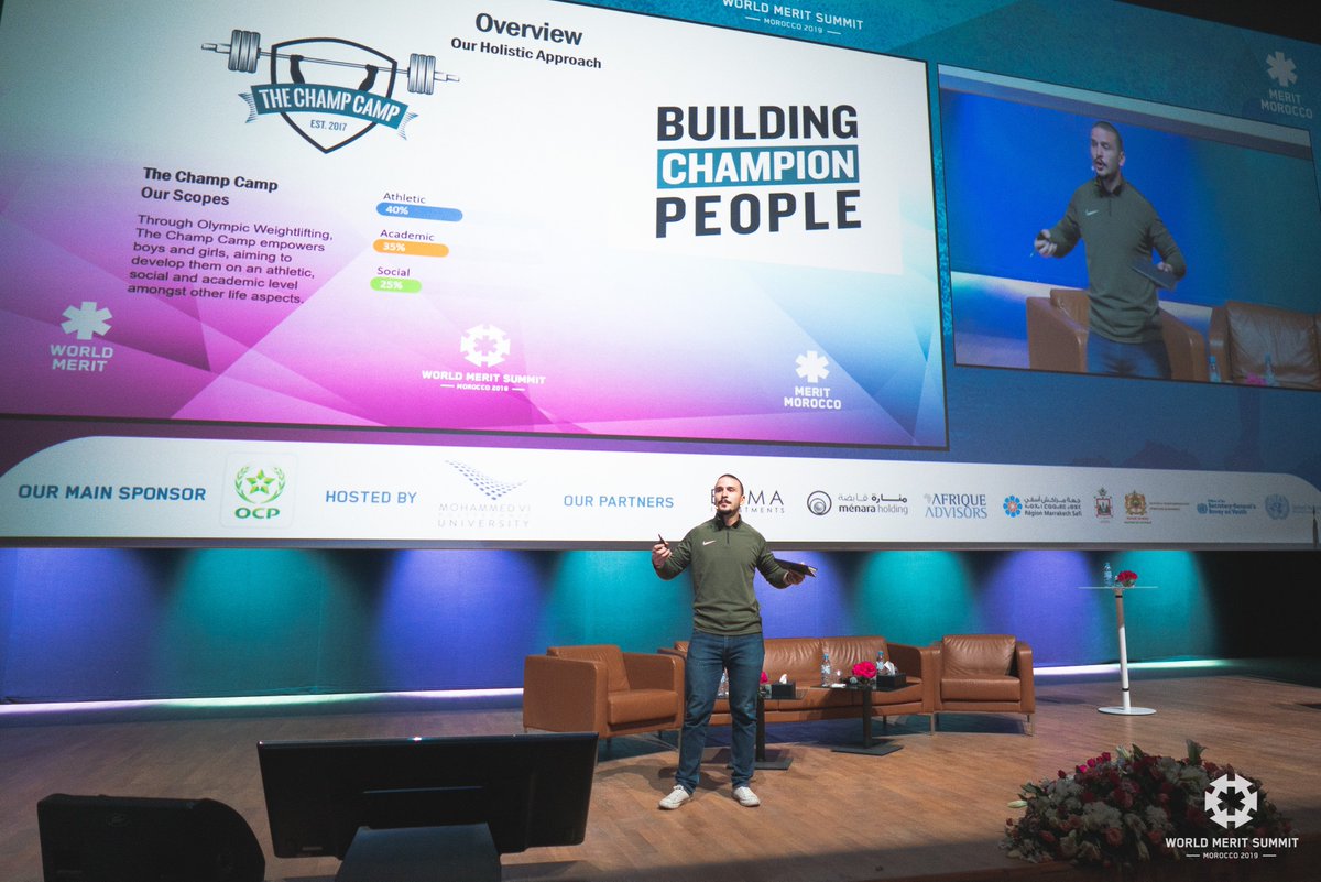 MeritMorocco's tweet photo. #DAY3 #MeritSummit2019 
Champions are made, and then they make their worlds better, and that's exactly what our speaker @waleedabunada had to show us with his project Champ Camp.
#MeritImpact #OCPimpact #WorldMeritMorocco #UM6P #OCP_SDG
#AfriCanDo
#Morocco https://t.co/rszIc91l0b