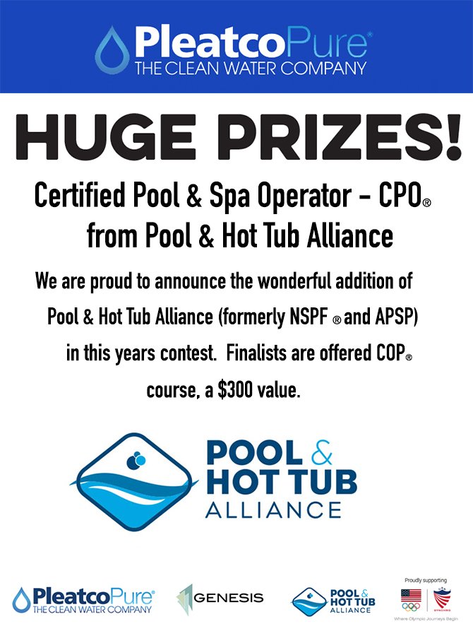 PleatcoPoolSpa's tweet photo. ** Pleatco Perfect #PoolGuyGal 2019 **
Win a Certified Pool &amp; Operator course from Pool &amp; Hot Tub Alliance
https://t.co/1UAEkBQkis
Partnership with @Genesis3inc &amp; @ThePHTA

#PoolProfessional #PoolPro #ServiceProfessional #ServiceTech  #ServicePro #PoolGuy#PoolGal #PoolBuilder https://t.co/5EUW6hD6Jz