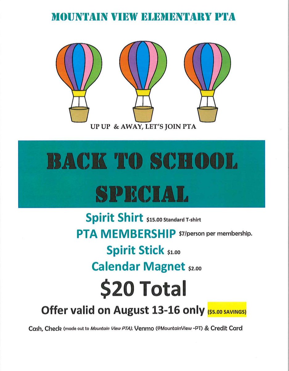 MountainViewPTA's tweet photo. Getting ready for the 2019-20 school year @MViTElementary w/ PTA's $20 Back to School Special! #mvitsimi https://t.co/92U6wMAaWH