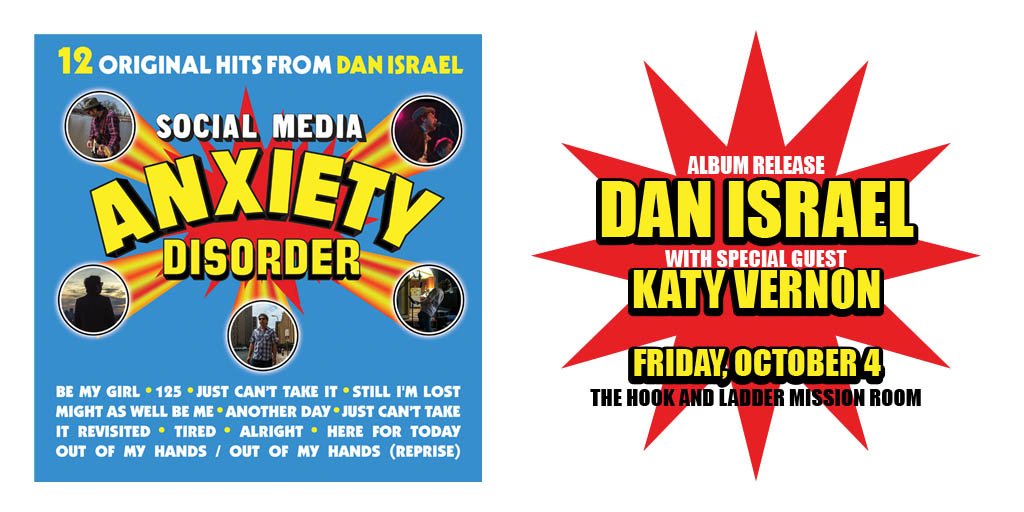 TheHookMpls's tweet photo. JUST ANNOUNCED!
Dan Israel's “Social Media Anxiety Disorder” Album Release with special guest Katy Vernon on October 4.
--
BUY TICKETS --> https://t.co/c1COBMl7bv
--
#Singer #Songwriter #DanIsrael #AlbumRelease #KatyVernon #MissionRoom #TheHookMPLS #Minneapolis #Longfellow https://t.co/Q0EDeXSJK1