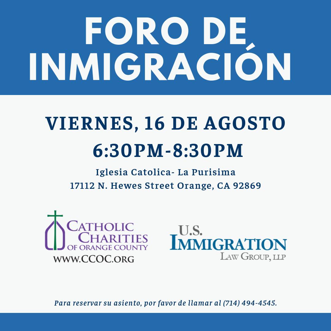 usilg's tweet photo. Join us next Friday, August 16th for our upcoming Spanish Immigration Forum in Orange. We will be at La Purisima Catholic Church accompanied by representatives from Catholic Charities! To rsvp please call our office at 714- 494-4545.

#immigration #immigrationlaw #KnowYourRights https://t.co/Cdxiwpr4Hs