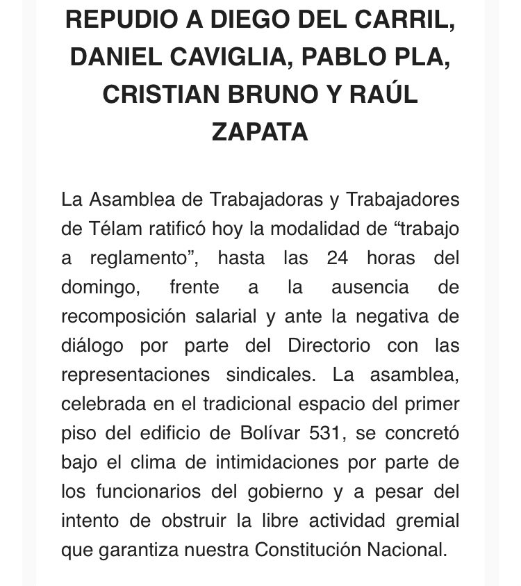 somostelam's tweet photo. TRABAJO A REGLAMENTO, REPUDIO A LOS EJECUTORES DE DESPIDOS E INTIMIDACIÓN DE LA PATRONAL.
La asamblea de Télam resolvió lo siguiente.
#TelamSeDefiende https://t.co/EIT1DAUgXg