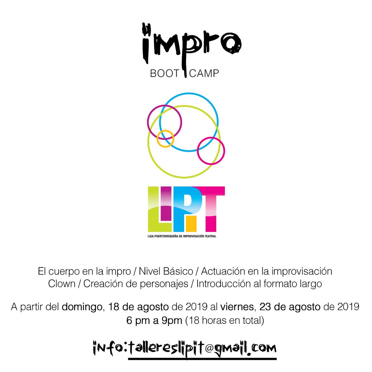 impropr's tweet image. Este verano intenso no puede terminar sin el Impro Boot Camp. Si sientes curiosidad por conocer sobre la impro, ¡no se diga más! Taller de 6 días con #muchaimpro que toca varios temas y aspectos fundamentales de la improvisación teatral. 

Escríbenos hoy a tallereslipit@gmail.com