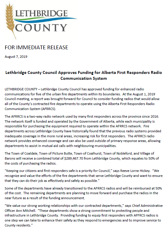 LethCounty's tweet photo. Lethbridge County Council Approves Funding for Alberta First Responders Radio Communication System: https://t.co/7boQjZOoEm https://t.co/MmakYfvFZv