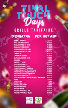 Vanelle_Zeh's tweet photo. Vous avez raté la 1ère journée des #FinalTouchDays ?  Pas de soucis 😃 vous pouvez vous rattraper ce samedi 10 août avec en bonus @nyangono_du_sud 
Voici la grille des prix. Ne dites pas que oh vous ne saviez pas

#CamerDigital https://t.co/pnOTLUiJ5z
