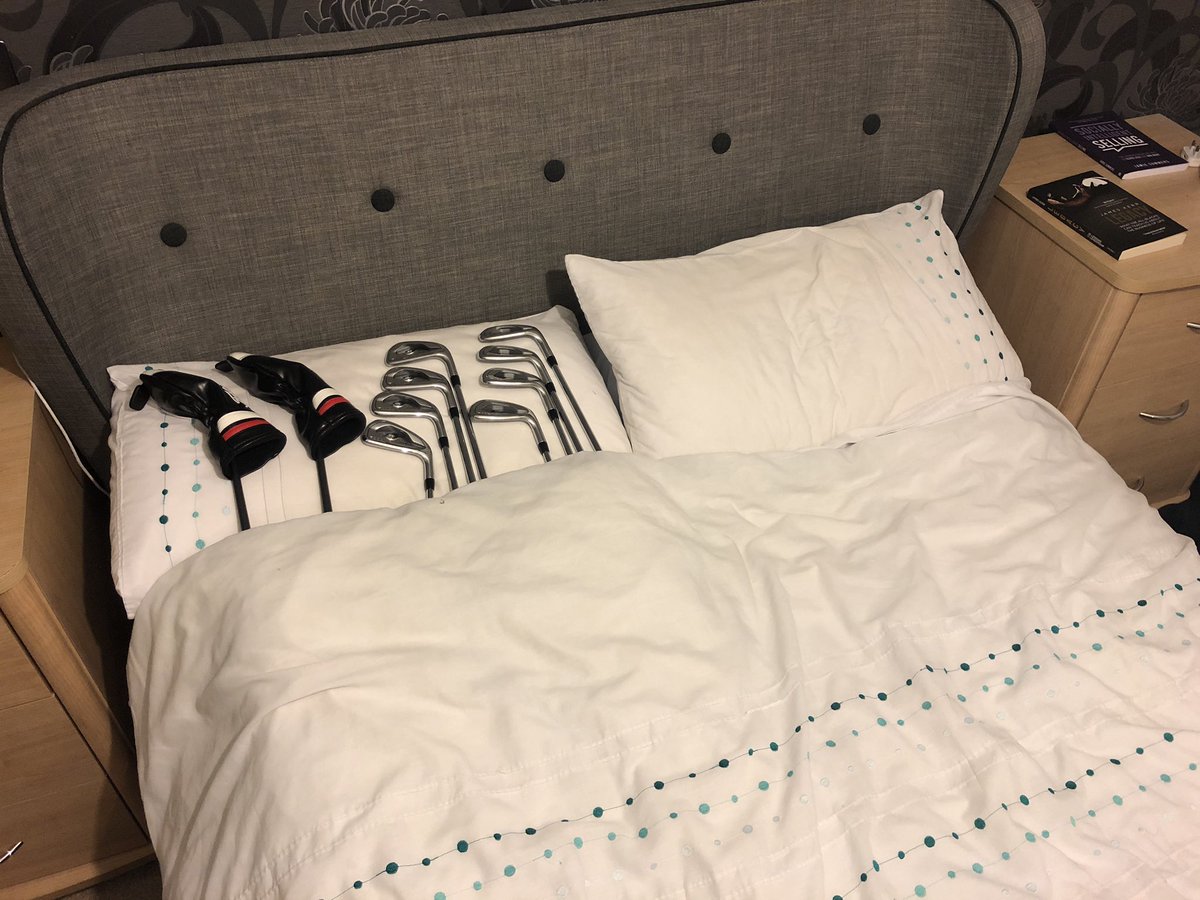 RichNelsey's tweet photo. Night everyone ... not sure where Esther is going to sleep tonight 🤷‍♂️😂 @TitleistEurope #TSeriesirons #TSHybrids https://t.co/VumvPYOJno
