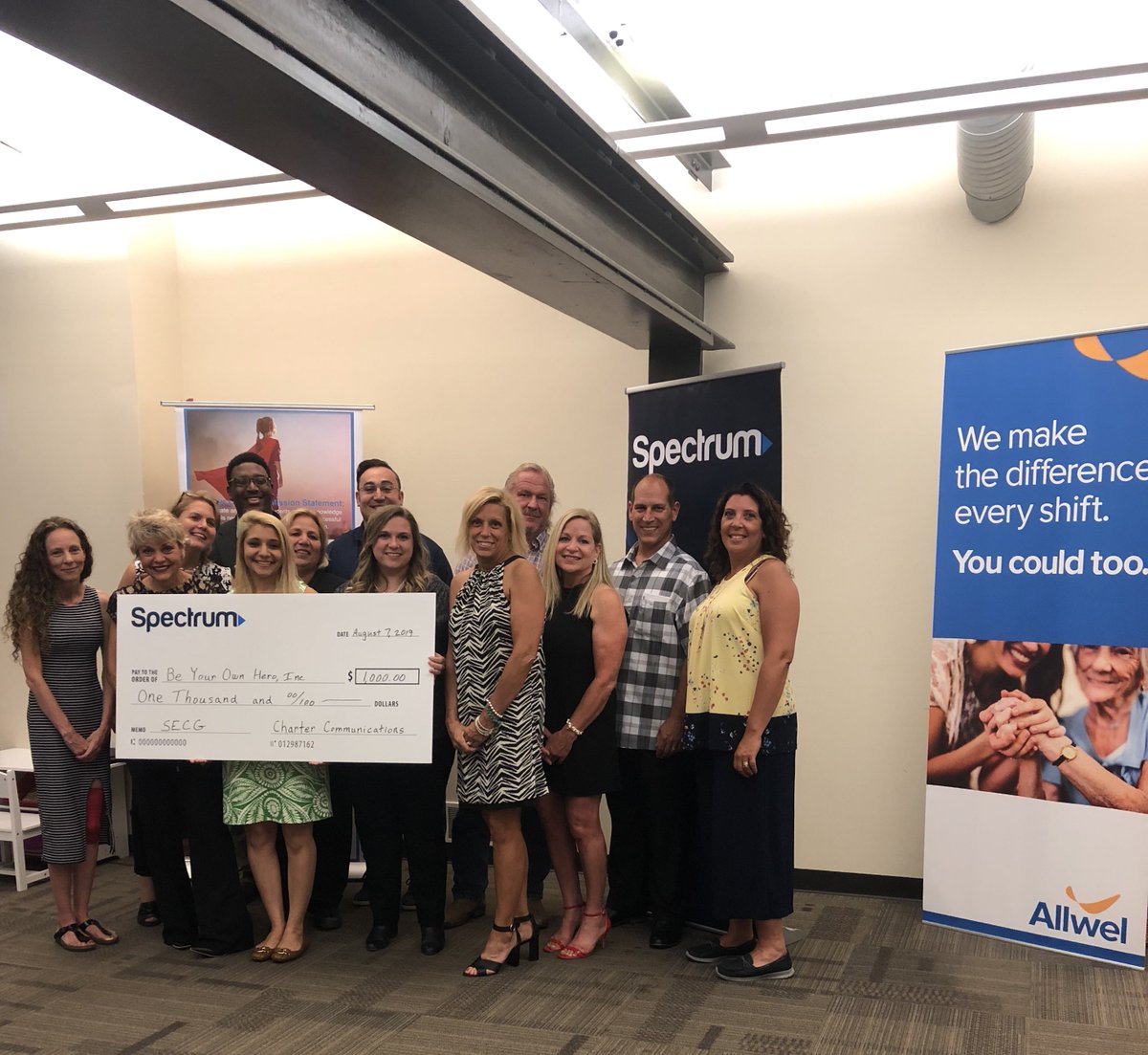 BeYourOwnHeroUS's tweet photo. Today was a great day! Spectrum presented Be your own hero with a grant to support our initiative of online coaching through You inc. we want to thank Allwel for hosting us, and Spectrum for believing in what we do! More to come, just you watch! https://t.co/KQAYzJnRtx