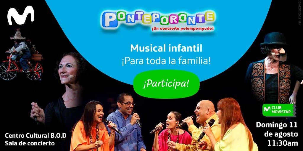 MovistarVe's tweet photo. Participa por 3 entradas para el musical Ponteporonte junto a @LOSPISO1 en @CCulturalBOD. Solo debes dar RT a este tweet y responder cuál es tu canción infantil favorita usando el HT #MovistarTeMueve https://t.co/BUiYT1TuSY