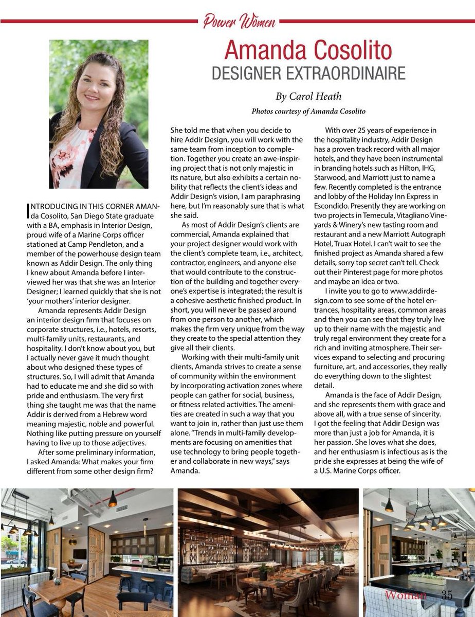 AddirDesign's tweet photo. Honored to be recognized as a 'Power Women' by the San Diego Woman Magazine. Check out the article below! 
#interiordesigner #powerwomen #addirdesign #hospitalitydesign https://t.co/rgMXD6y4z7