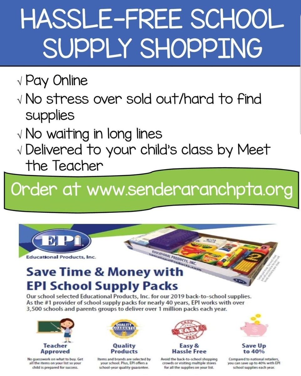 senderaranchpta's tweet photo. School will be back in session in less than 2 weeks. Enjoy the rest of your summer break knowing that your school supply shopping is completed.  
ORDER AT https://t.co/tPXqXqStM2
(Limited amount available per grade level. Order now while supplies last) https://t.co/5V0t2corbe