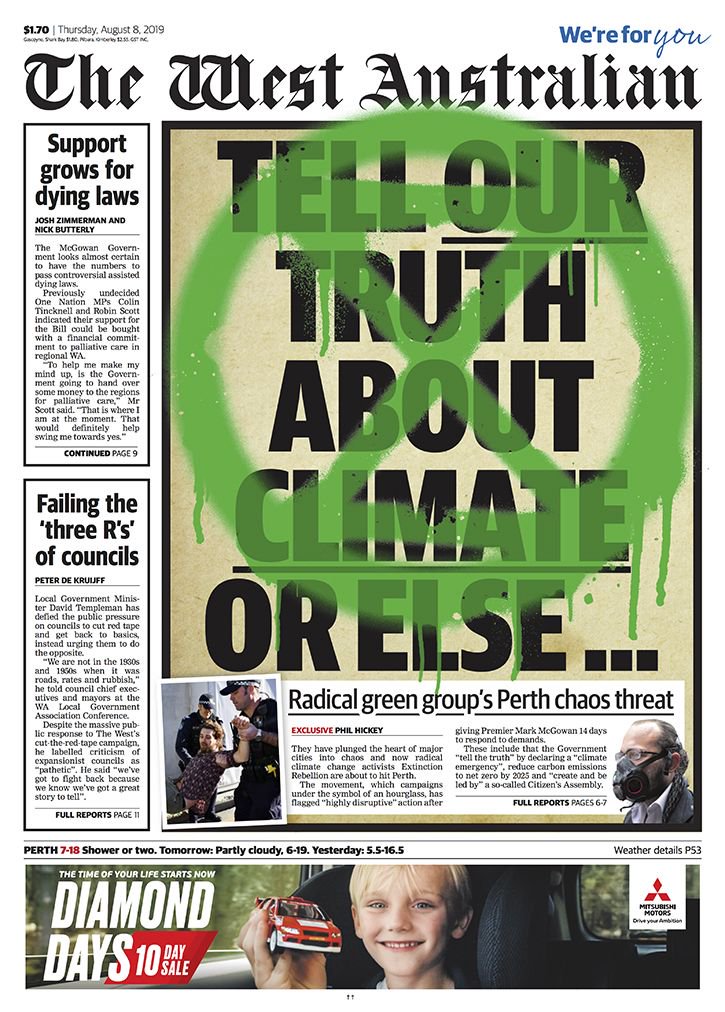 westaustralian's tweet photo. The radical green group which has plunged major cities into chaos are poised to bring its protests to Perth, the young faces of red-tape chaos in WA and one of the world's best sporting teams goes undercover in our city. All this and more inside the West Australian. https://t.co/ERuiugcfCM