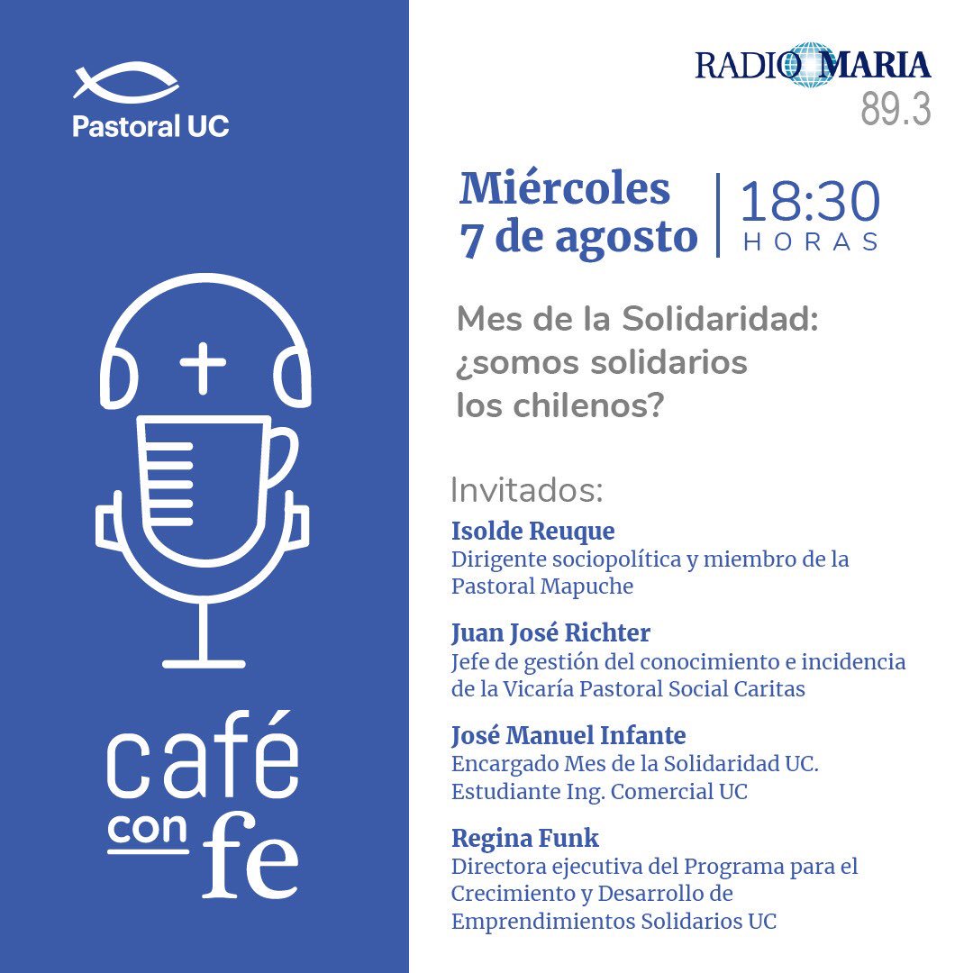 radiomariachile's tweet photo. “Somos solidarios los chilenos?” Lo conversamos en #Cafeconfe de la @pastoraluc a las 18:30 en @radiomariachile https://t.co/ECa6dJEX9K