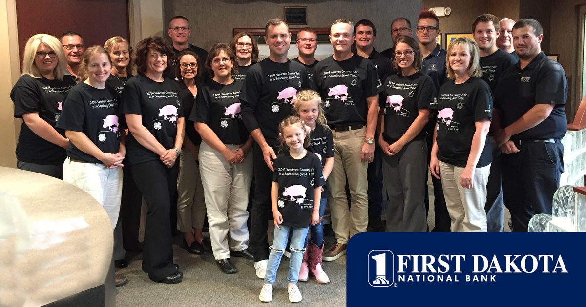 First Dakota is proud to support tomorrow’s leaders. The Yankton First Dakota Ag team, along with Ag Banker, Adam Goeken, and his daughters, Adelyn and Eden, are showing off the 4-H t-shirt Eden designed. Eden’s design was worn by all 4-H exhibitors at the Yankton County Fair.