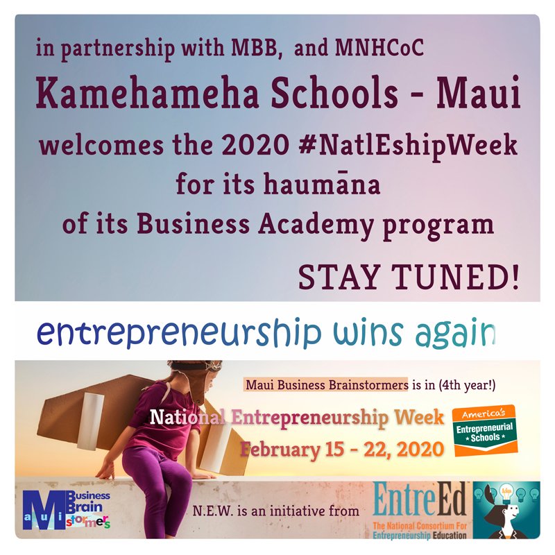 MauiBizBrain's tweet photo. In 2020, MBB to take (2nd time) its "Entrepreneurship Program at Schools" to Kamehameha Schools - Maui
#Maui #Hawaii #HighPerformanceSchools #K12schools #BusinessAcademy #KamehamehaSchoolsMaui #NatlEshipWeek #EntrepreneurshipProgram #Entrepreneurship #LocalSchools #MauiSchools https://t.co/5cct08yNGh