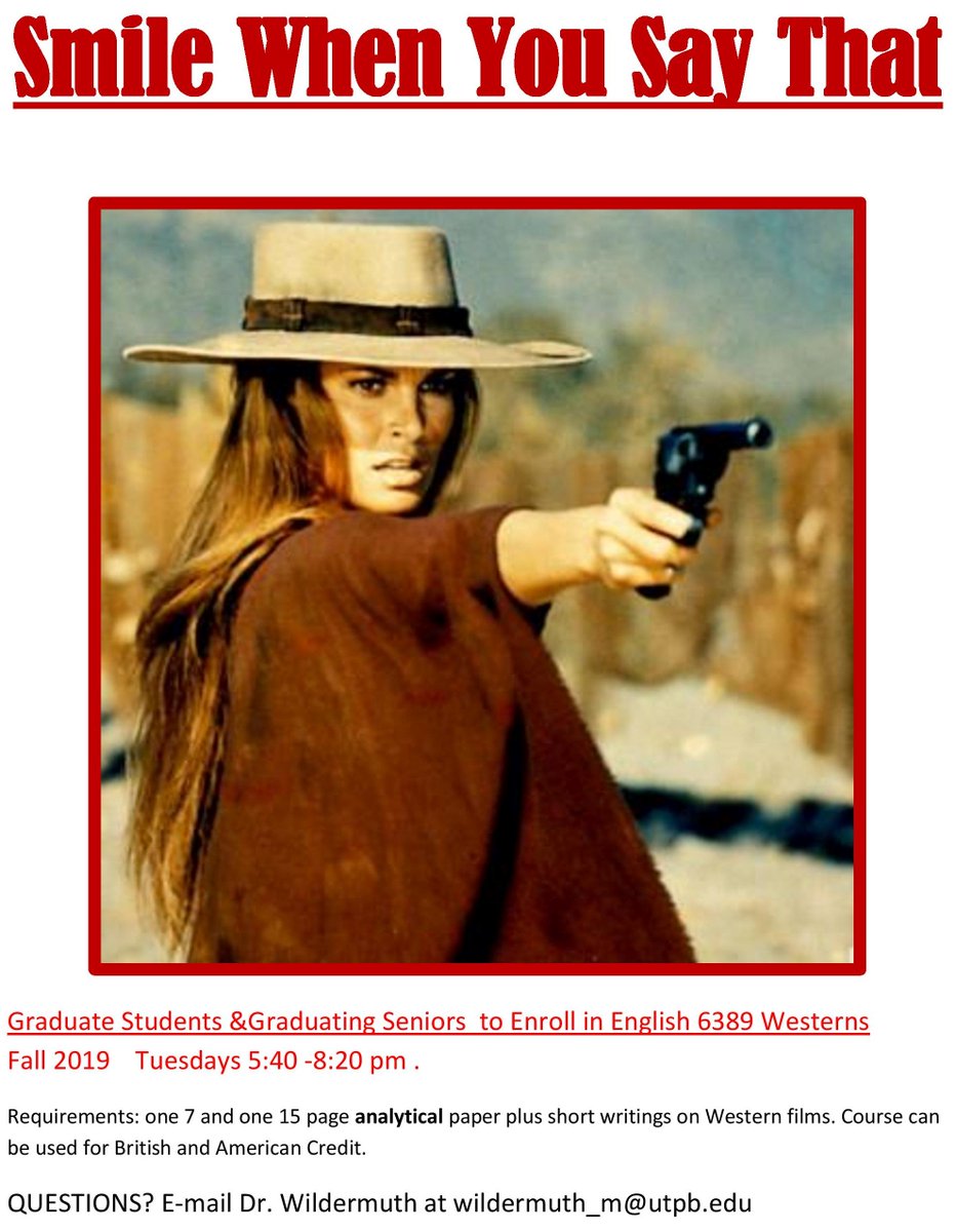 EnglishUtpb's tweet photo. Here's a chance for graduate students and graduating seniors to take a film class with Dr. Mark Wildermuth, an award-winning faculty member and nationally recognized film scholar. Sign up now (ENGL 6389), and please share widely! #westerns #visualstudies https://t.co/528n9nGfAq