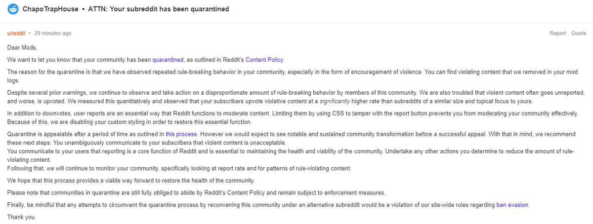 birefird's tweet photo. @Brad_Glasgow >repeated rule breaking in form of encouraging violence
>lack of moderation
Didn't 8chan got nuked because of the same alleged behavior? Also, if this were Crowder's sub (for example) this would be used as ammo to deplatform him everywhere and it would be successful within hrs https://t.co/tv0CfNyniF