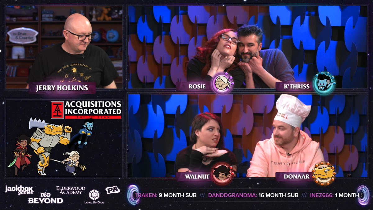 Wizards_DnD's tweet photo. We're LIVE on https://t.co/2KBortFoc5 hosting @PA_Megacorp's #AcqInc #CTeam with DM @TychoBrahe and players @katewelchhhh @krisstraub @AmyTFalcone @RyanHartmanWins. #DnD #DungeonsAndDragons https://t.co/CmrJcKzb47