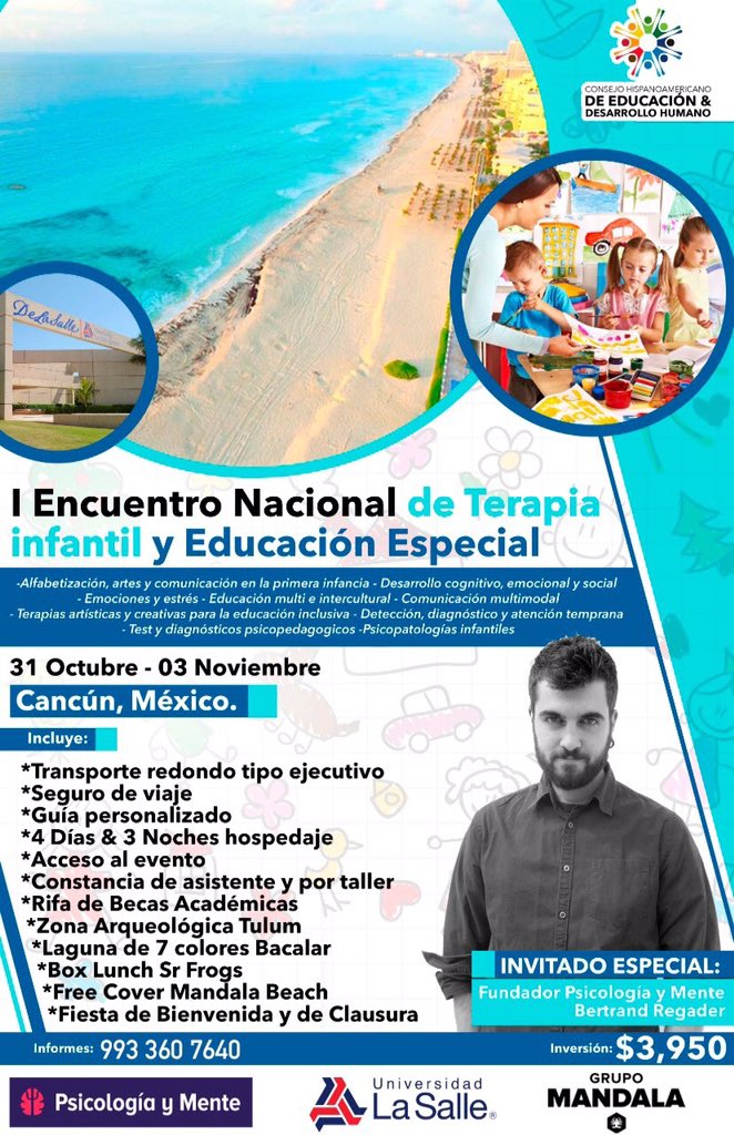 LivesToursMex's tweet photo. 🤸‍♀Encuentro Nacional de Terapia Infantil y Educación Especial

📌Dirigido a estudiantes y profesionistas de Psicología, Educación Preescolar, Educación Inclusiva, Pedagogía y público interesado

📍Cancún, Mexico
31 Oct - 3 Nov de 2019📆

https://t.co/jq44OK0jGH https://t.co/dcyn3VDmdz