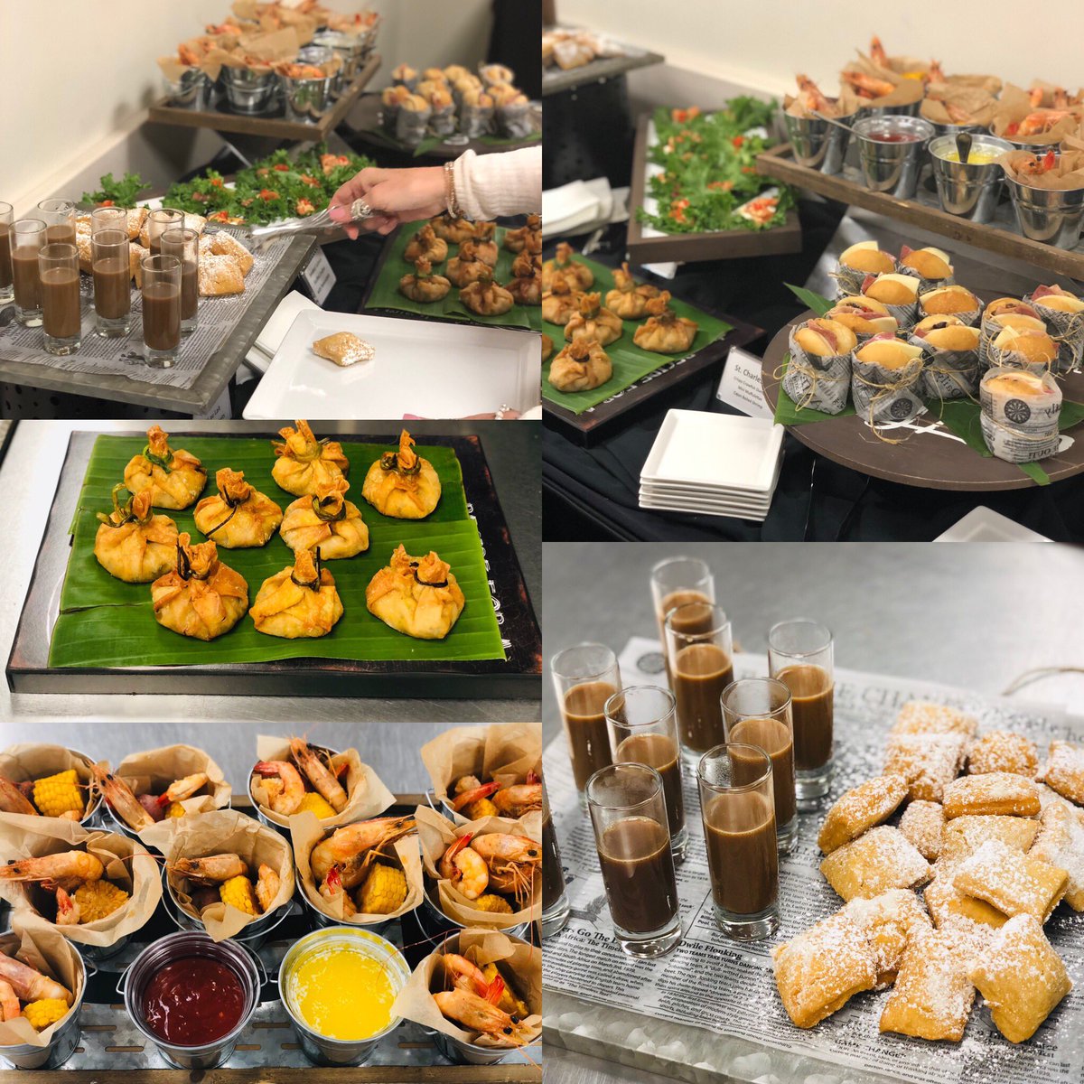 CafeHermann's tweet photo. Two of New Orleans finest Chef Doug &amp; Chef Juan expressing our culture and creativity!  Cafe Au Lait shooters w/Mini Beignets, Crispy Crawfish Dumplings, Mini Muffalettas, Shrimp Boil Buckets, Smoked Salmon Remoulade @CafeHermann #nola #Catering https://t.co/3462wmCdDF