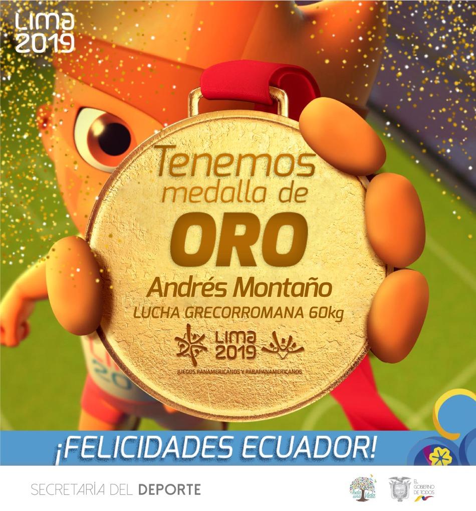 El tricolor Andrés Montaño logró ORO en la división de los 60 kg de lucha grecorromana de los #JuegosPanamericanosEc Lima 2019.