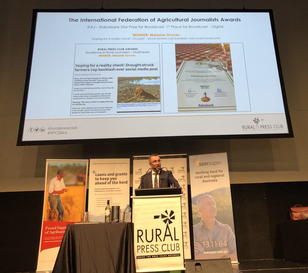 Shout out to <a href="/ifaj2019/">IFAJ2019</a> digital award winning Qld rural reporter <a href="/ABCRural/">ABC Rural</a> <a href="/MelanieLGroves/">Melanie Groves</a> <a href="/RuralPressClub/">Rural Press Club QLD</a> <a href="/TheEkka/">Ekka</a> breakfast today <a href="/RabobankAU/">Rabobank Australia</a>