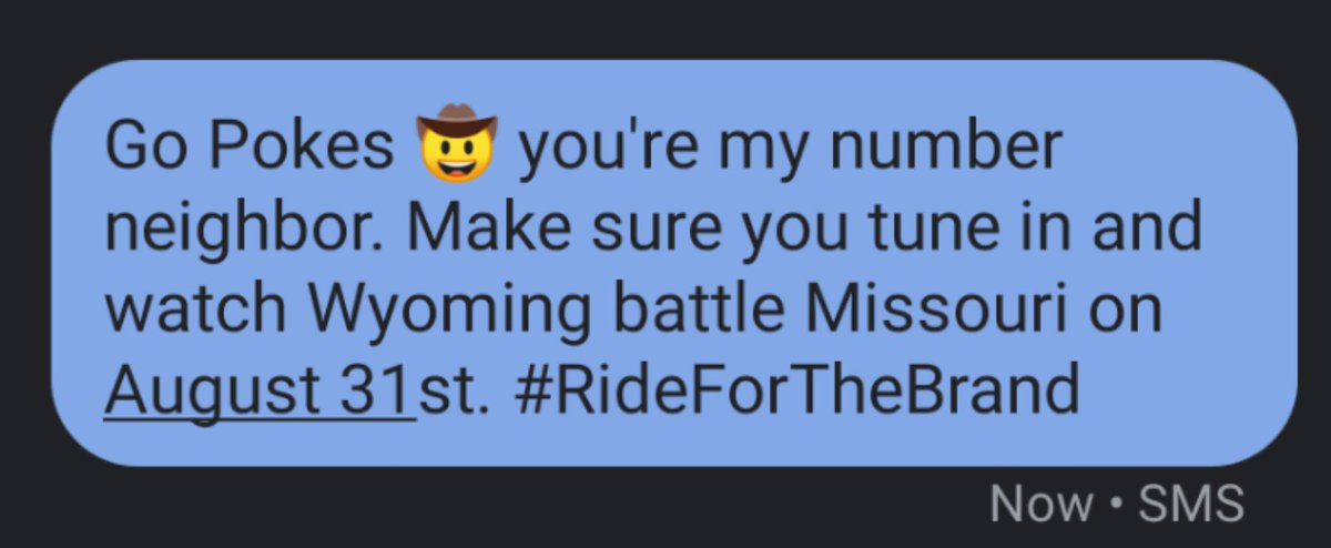 Just sent a text to my number neighbor 🤠 <a href="/wyoathletics/">Wyoming Athletics</a> <a href="/MountainWest/">Mountain West</a> #RideForTheBrand #GoWyo