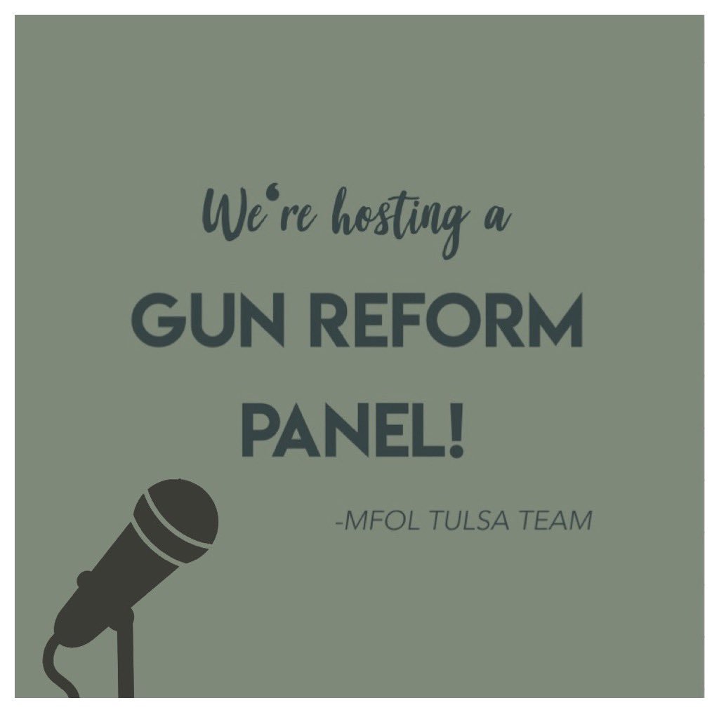 MFOLTulsa's tweet photo. We’re hosting a gun reform panel in Tulsa! We’ll be gathering local legislators to answer questions on what their next steps will be regarding gun reform in our community. A date, time, and venue will be solidified soon! If you have someone you’d like to see there, let us know! https://t.co/dCw4lorxZX