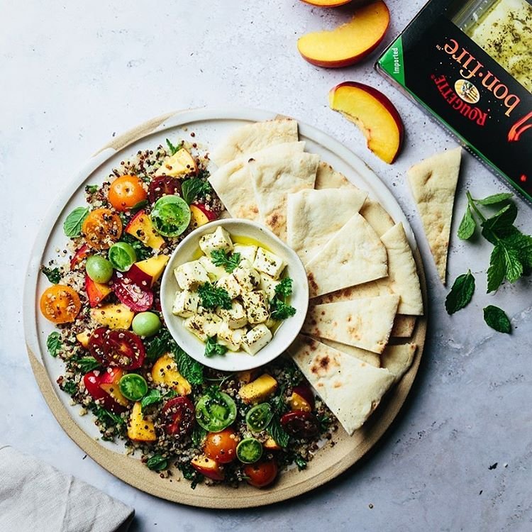 dawnchats's tweet photo. AD Meet the newest tabbouleh salad w/ peach, cherry tomato, quinoa and ROUGETTE Bon•fire Marinated Grilling Cheese https://t.co/s8kBrCIqJJ. The cheese is flavorful, versatile and it makes salad, pasta & appetizers extra delicious. #rougette #bonfirecheese Photo Cred: @vytran_24 https://t.co/Ot5AzIo2n6
