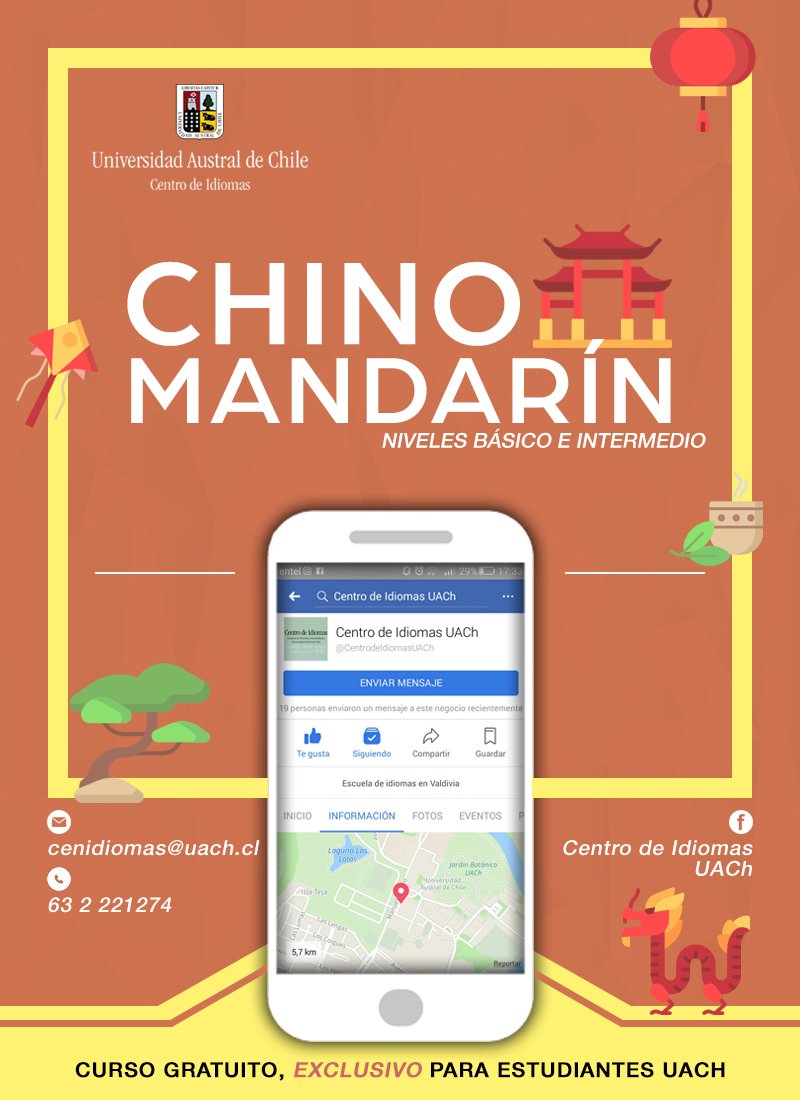 IdiomasUACh's tweet photo. ⭕️ Cursos de CHINO MANDARÍN 🇨🇳 Niveles Básico y Pre- Intermedio.

🆓 Cursos gratuitos
✅ Exclusivos para estudiantes de pregrado UACh
👨‍🏫 Profesor: Handa Tian
🔜 Inicio: 19 de agosto

Más información en https://t.co/CCObVGbM4Z

#UACh #ValdiviaCL #LosRios https://t.co/9hEvpDFiy5