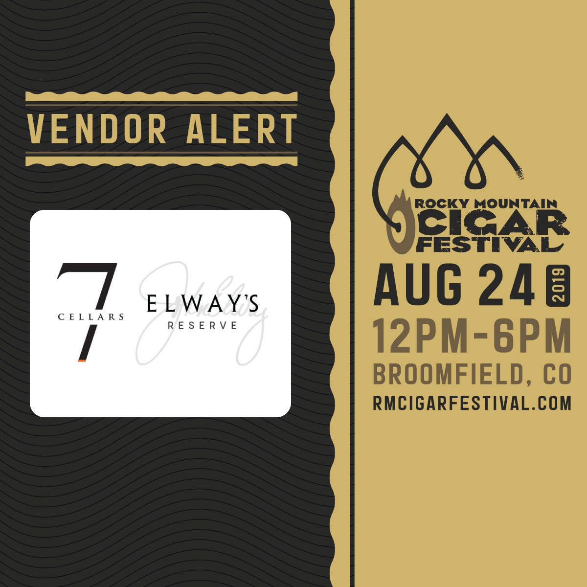 RMcigarfestival's tweet photo. We're excited to announce that #7Cellars by #JohnElway will be in attendance at this year's Rocky Mountain Cigar Festival.

https://t.co/ly8FEM55hI

See the updated list of vendors, guests, ticket-holder gifts and more at our full site: https://t.co/D5yYFyscPP https://t.co/1A1ioNr9NA