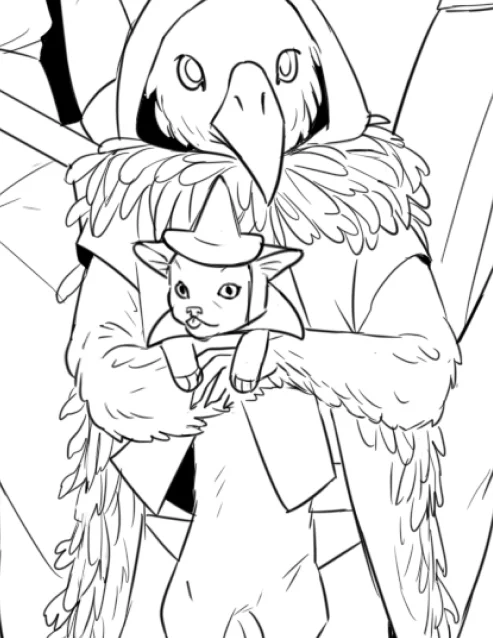 got commissioned to draw a d&amp;d party and their kenku h as a wizard cat and ive never been more happy to draw anything in my life 
