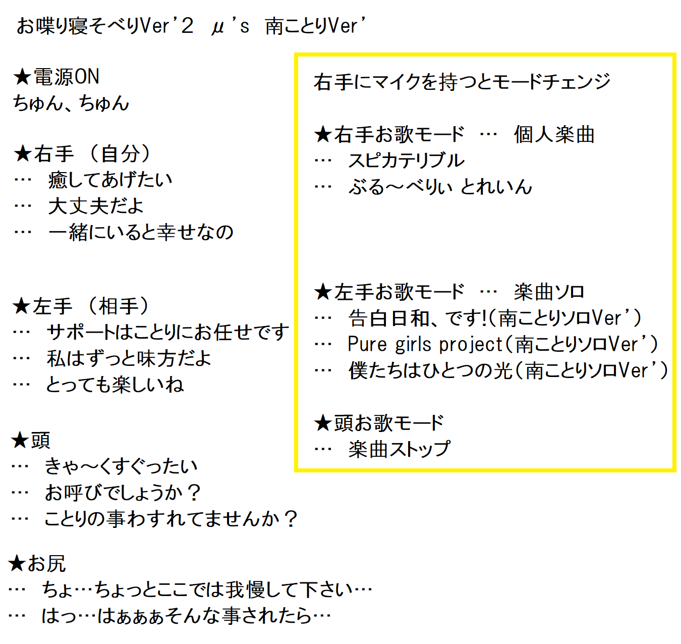 Silver 喋る寝そべり説明 右手 左手 頭 お尻を押すと表のセリフを喋ります 更にマイクを持つと歌ってくれます お歌モード 2 2 寝そべり 南ことり ラブライブ お喋り寝そべり Silverの製作物 Silver 喋る寝そべり説明 右手 左手 頭 お尻を押すと表のセリフを喋ります 更にマイクを持つと歌ってくれます お歌モード 2 2 寝そべり 南ことり ラブライブ お喋り寝そべり Silverの製作物