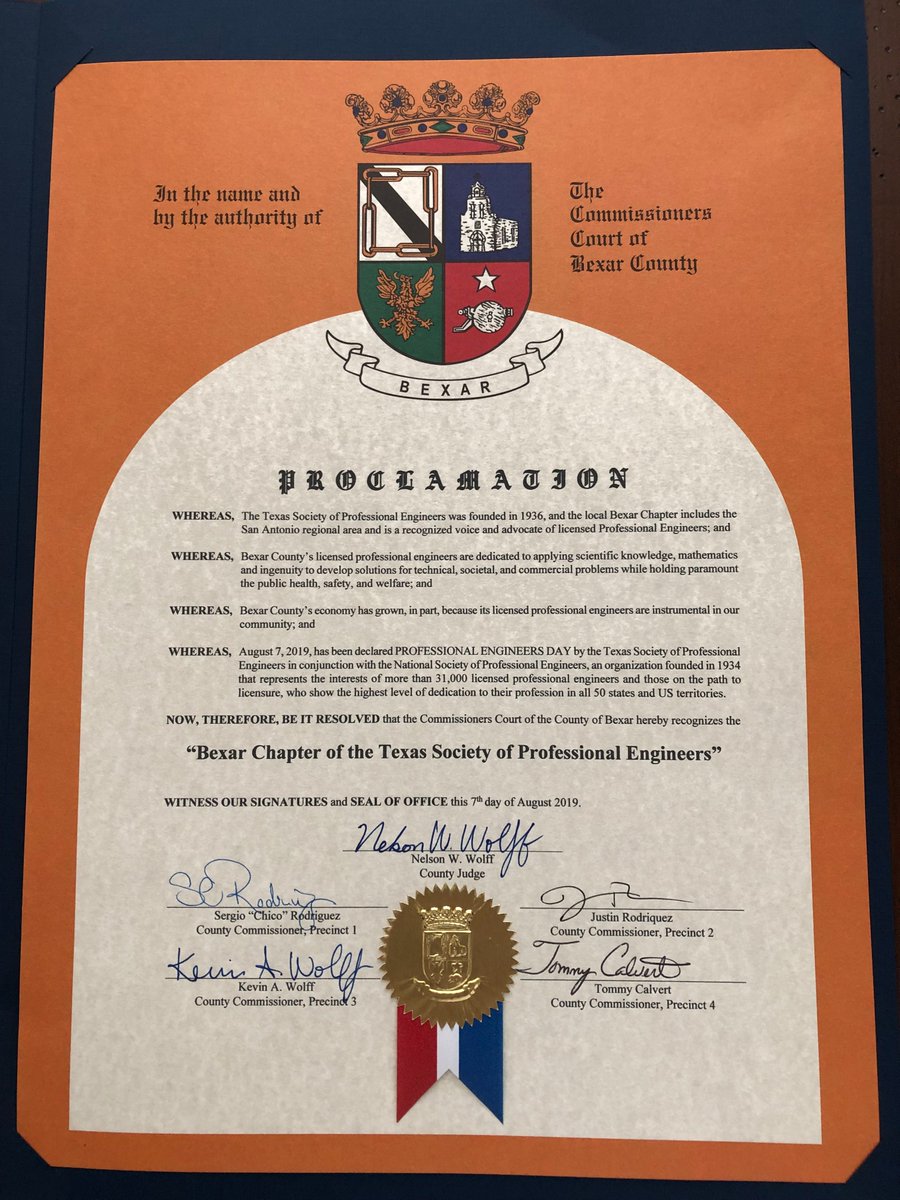 Our Bexar Chapter was recognized by the <a href="/BexarCounty/">Bexar County, Texas</a> Commissioner's Court for #LicensedPEday! Thank you to <a href="/VoteCalvert/">Tommy Calvert</a> for coordinating this!

We appreciate the opportunities to work with Dave Wegmann and his staff!