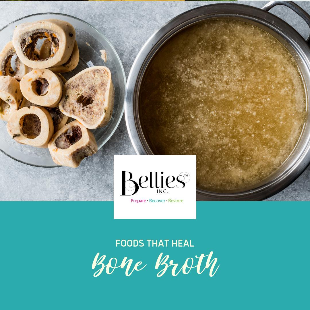 Foods That Heal! Bone broth is loaded with collagen to help with tissue repair and joint support. It will also give your body plenty of amino acids, especially if you’re getting little sleep or experiencing stress after childbirth. #belliesinc #nutrition #health