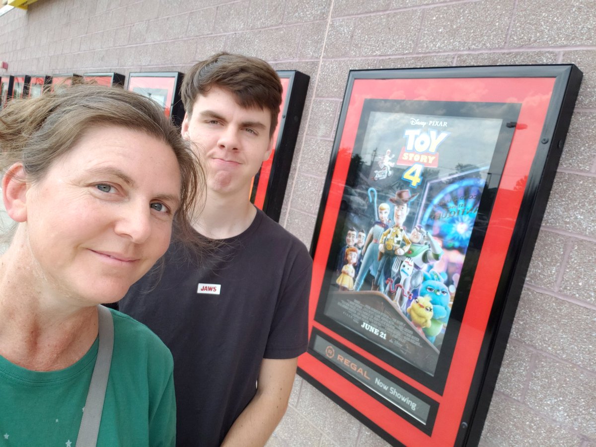 KnightsCathy's tweet photo. Reliving a bit of childhood today with Toy Story 4. You can't tell from his expression, but he picked the movie. #ECSKnightlyNews  #SummerSelfieChallenge #MovieSelfie https://t.co/rnv4746IIa