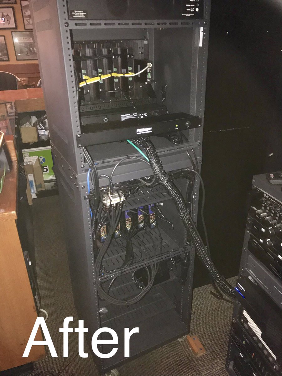 KamSmartHomes's tweet photo. Video system upgrade at the @foxnhoundspub in #Kamloops plus a rack cleanup &amp; label all the wiring. 18 screens w/2 projectors now running on @Wyrestorm #NetworkHD #Enado w/iPad control &amp; drag’n’drop video selection. So easy anyone can learn to control it in 30 sec. @KamSmartHomes https://t.co/y0mhi0OvLw