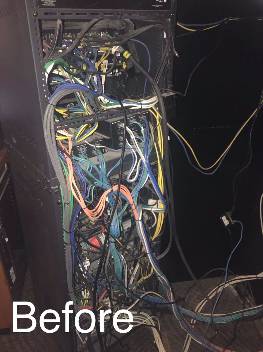KamSmartHomes's tweet photo. Video system upgrade at the @foxnhoundspub in #Kamloops plus a rack cleanup &amp; label all the wiring. 18 screens w/2 projectors now running on @Wyrestorm #NetworkHD #Enado w/iPad control &amp; drag’n’drop video selection. So easy anyone can learn to control it in 30 sec. @KamSmartHomes https://t.co/y0mhi0OvLw