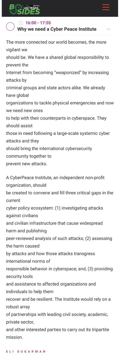 beauwoods's tweet photo. In 15 minutes, @EliSugarman from @Hewlett_Found will be speaking at @BSidesLV Public Ground. 

What is the Cyber Peace Initiative, why is it needed, and how will it take shape? https://t.co/8LXyqXiAkf