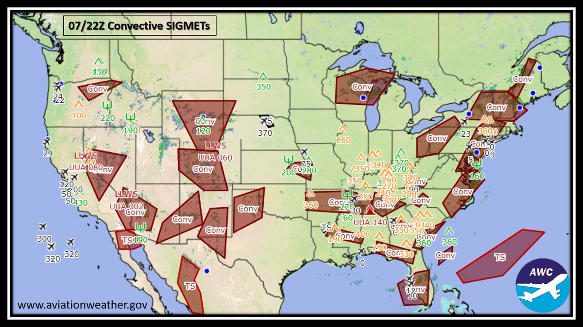 NWSAWC's tweet photo. An active pattern continues this evening across the National Airspace System (NAS) with numerous convective SIGMETs in effect. Be sure to check our website for the latest updates and forecasts! #PIREPs #flysafe #avgeek https://t.co/mQ0saeqAVk