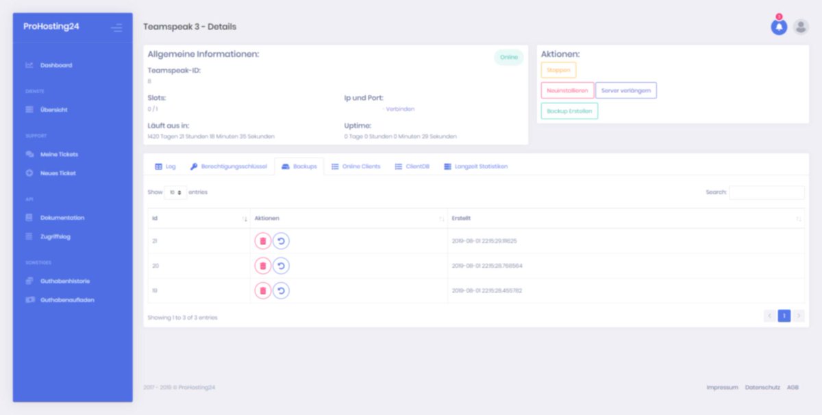 ProHosting24's tweet image. Und wieder ein Screenshot aus dem #PH24-2.0 Webinterface.
Diesmal sogar etwas weniger verzerrt und von der TeamSpeak 3 Server Verwaltung.
In der 2.0 werden wir euch nun sogar ATHP Reselling anbieten.
#prohosting24 #webinterface #ph24 #server #teamspeak