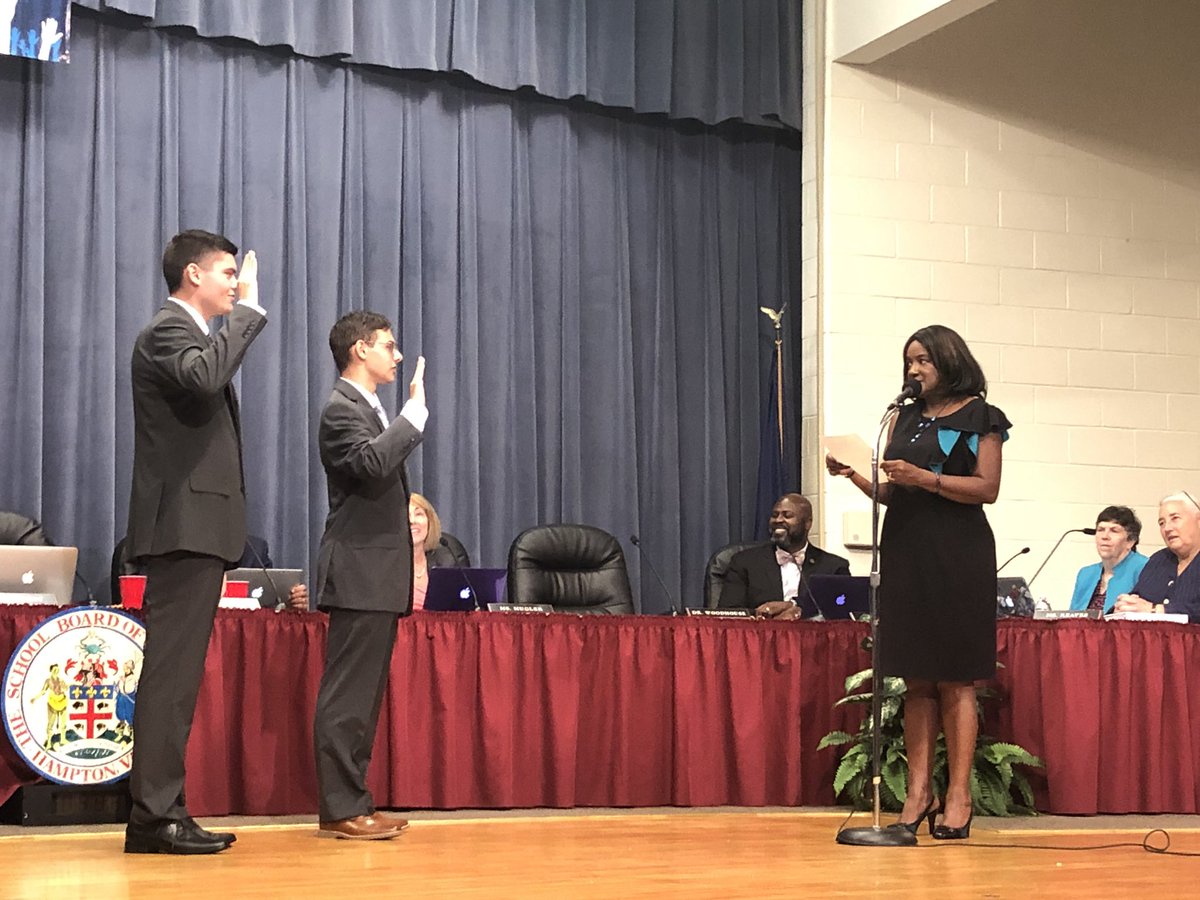 HamptonCSchools's tweet photo. The 2019-2020 student representatives - Paul Karhnak and Joseph Bowers - were sworn in at tonight’s School Board meeting by Chair Ann Cherry. #WeAreHCS https://t.co/j4PK7KkNqK