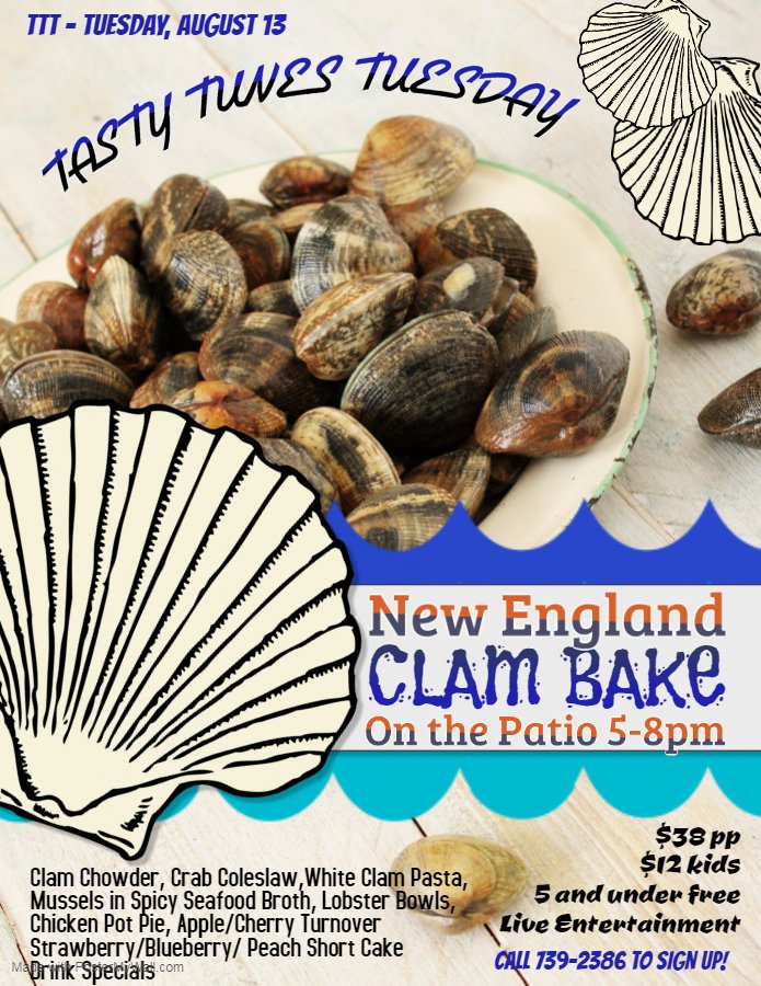 NSGolfClub's tweet photo. Next week's Tasty Tunes Tuesday features a New England Clam Bake theme along with great music from 4 North Acoustic!Make sure to sign up today.  This will be another night to remember enjoyed with family &amp; friends.  Call 739-2386 to sign up. https://t.co/bW4xV4NYB7