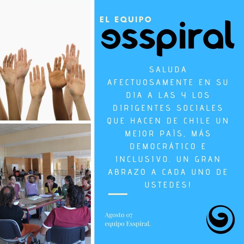 Esspiral_CL's tweet photo. Un gran abrazo a las y los dirigente sociales por hacer de Chile un país + justo, democrático e inclusivo. https://t.co/Pw0T6Bawz4