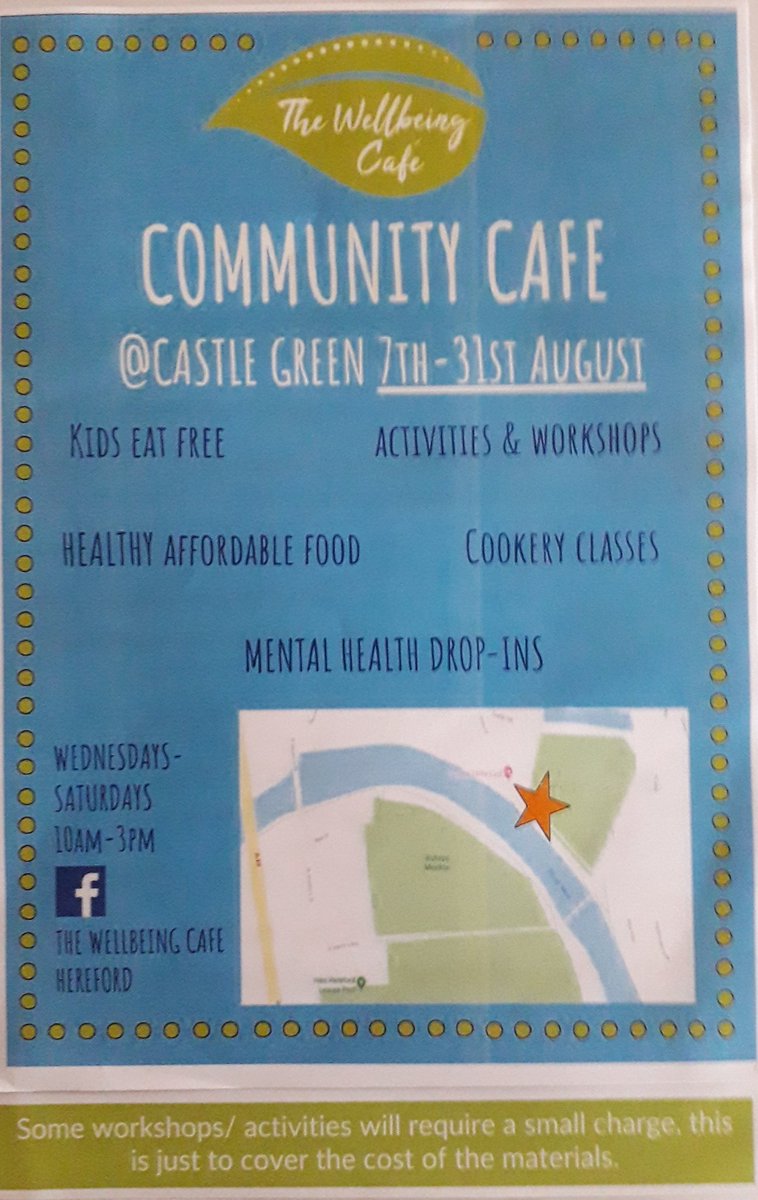 WildWelshWalnut's tweet photo. Tasty! Hereford Wellbeing Cafe is now open every #Saturday during August (and Wed>Fri) from 10am to 3pm at Castle Green. With drop in #community workshops, activities and #HealthyFood  🥗🥪🍝  Kids eat free, Grown-ups pay what you can, or help to #PayItForward 🥣 #HolidayHunger https://t.co/KPo1SZ9Hqy