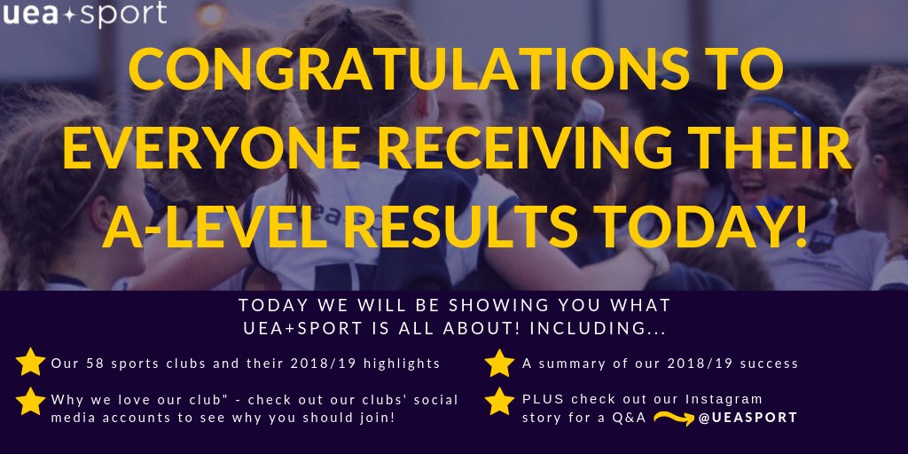 ueasport's tweet photo. A Level Results Day| A massive congratulations to all of our new UEA Students! Check out our social media pages for all the different sporting programmes we offer! #ueasport #ueafamily https://t.co/kemYno892J