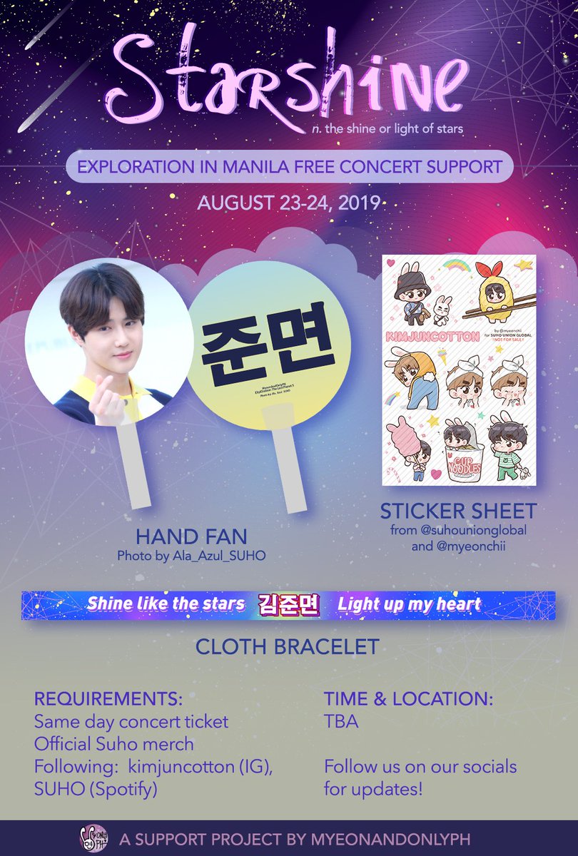 myeonandonlyph's tweet photo. 🌟 STARSHINE 🌟
#EXplOrationinManila free concert support for Bunny Citizens on Aug 23 and 24! 🐰
Just show us your requirements to get our Starshine Set! 💫
Time and location to be announced 😉

💝 All for Kim Junmyeon, our star that shines the brightest. 🌟

#KJMStarshine https://t.co/AqwdS2FcZk
