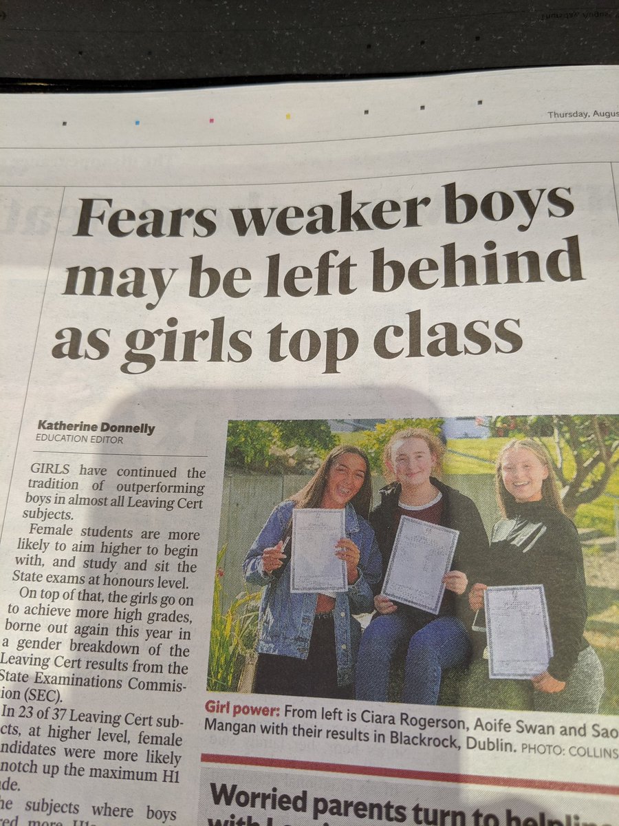 KathyDArcyCork's tweet photo. NO. When boys outperform girls it has generally been seen as just the normal way of things, and whenever girls outperform boys media use words like 'fear.' https://t.co/gSw4fPU2eZ