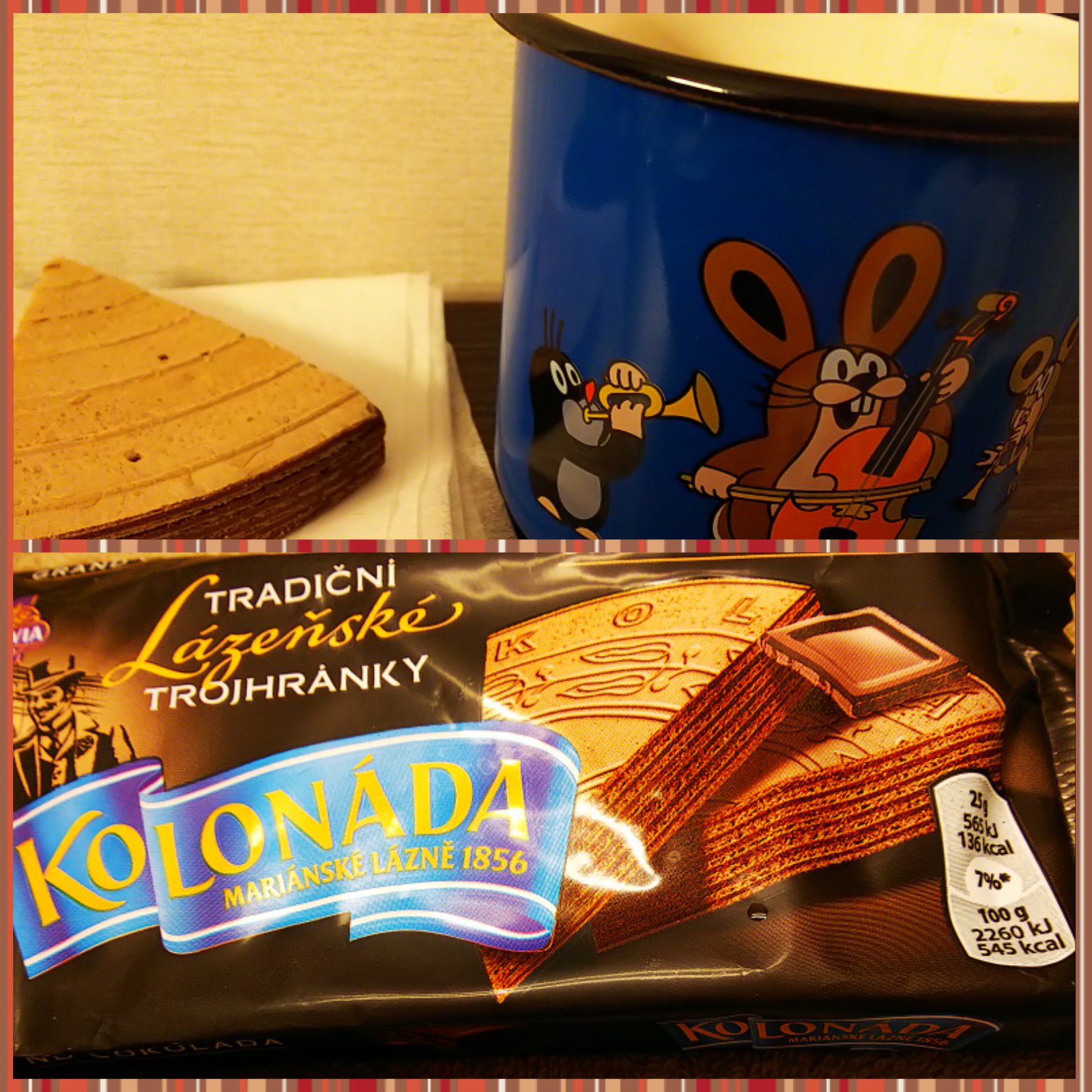 明珠 職場のばらまきみやげにスーパーで買ったkolonadaのチョコウェハースを味見がてらプラハ 空港で購入したクルテクのホーローマグに無糖コーヒーと一緒に かなりの甘さ プラハ観光のガイドさんがチェコ土産のメインはこのお菓子だとおっしゃっていた
