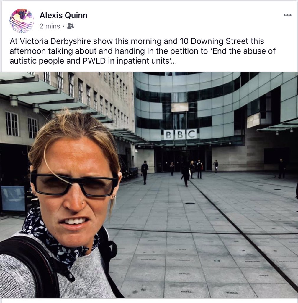 <a href="/AQuinnUnbroken/">Alexis Quinn Unbroken</a> will be on <a href="/victorialive/">Victoria Derbyshire</a> this morning to talk about her experiences and the <a href="/Autism/">National Autistic Society</a> petition to stop abuses in MH hospitals. #BetterSystem <a href="/CareQualityComm/">Care Quality Commission</a> <a href="/DHSCgovuk/">Department of Health and Social Care</a> <a href="/NHSEngland/">NHS England</a>